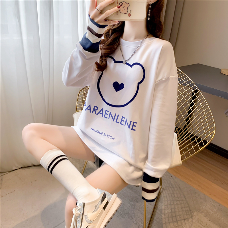 Real shot 2024 spring Korean style loose double-sided German velvet round neck warm splicing long-sleeved bottoming shirt T-shirt for women