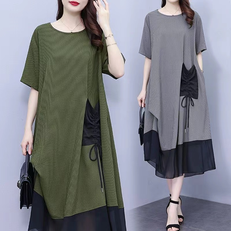 Summer new style for fat women, loose large size dress that covers belly and looks slimming, temperament, age reduction, elegant splicing, large size women's clothing
