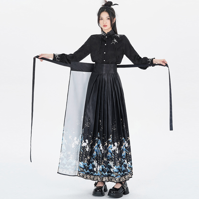 實拍新中式一片式大擺明制馬面裙女2024春提花半身裙國風通勤長裙