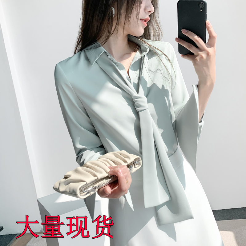 設計感小眾長袖雪紡襯衫女2024春秋季新款可拆卸飄帶領顯瘦白襯衣
