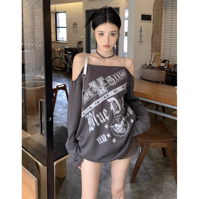 Official picture 6535 stretch cotton hot girl style design one-shoulder long-sleeved T-shirt women's summer loose letters