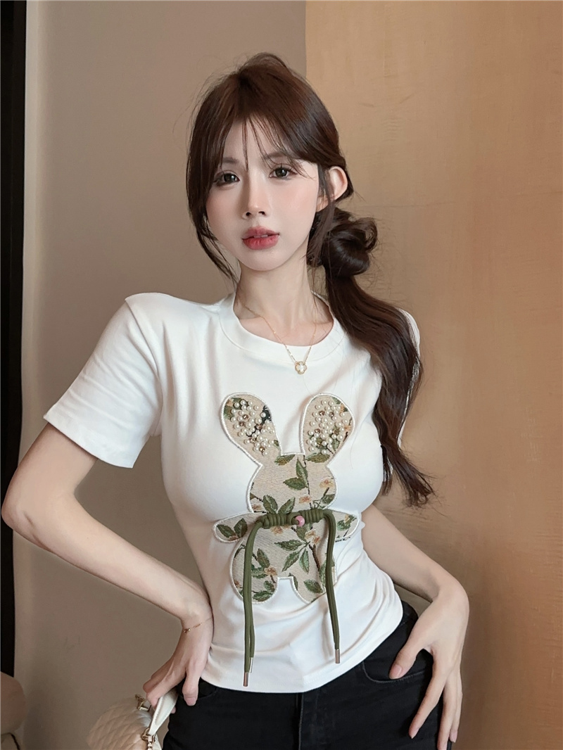 實拍~2024春季新款時尚內搭重工釘珠國風盤扣設計印花T恤女