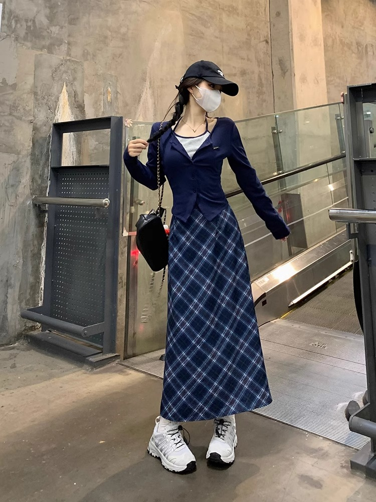 American college style suit niche fake two-piece knitted top women's autumn plaid skirt long skirt two-piece set