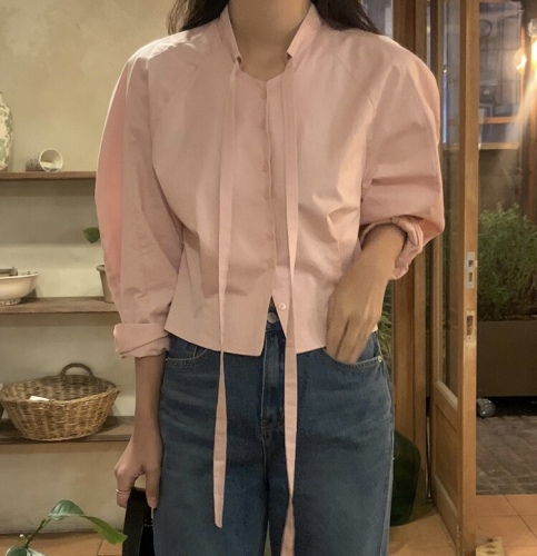 Early spring French pink ribbon shirt shirt lace-up shirt design niche long-sleeved top