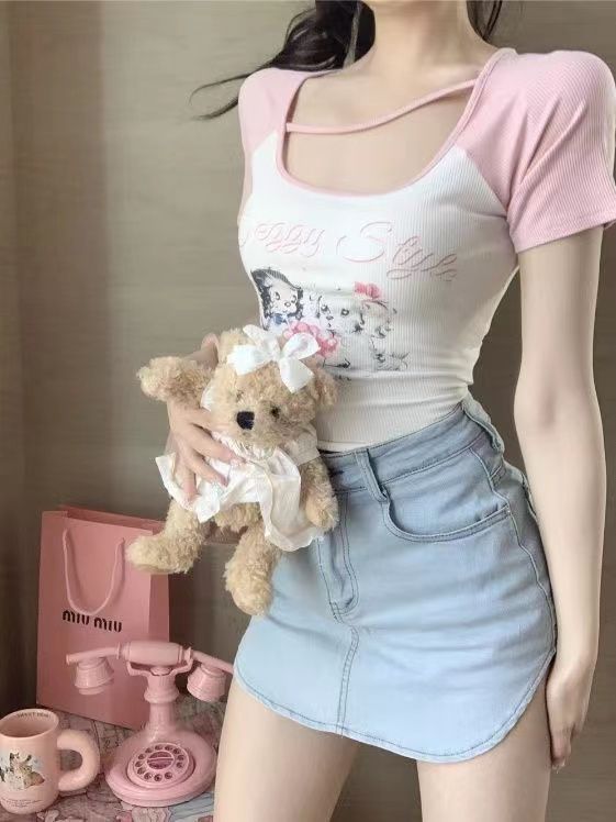 已出貨 純欲甜辣妹性感方領短款短袖t恤女設計感小眾復古顯瘦上衣