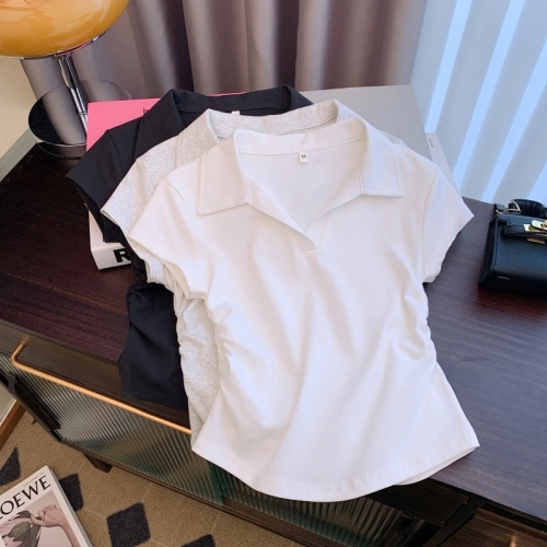 实拍 40支纯棉 2024夏装polo领收腰设计感小短袖T恤女