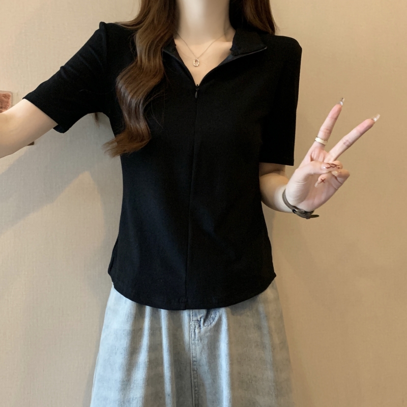 實拍2024夏季40支純棉純色半拉鏈短袖t恤女不規則