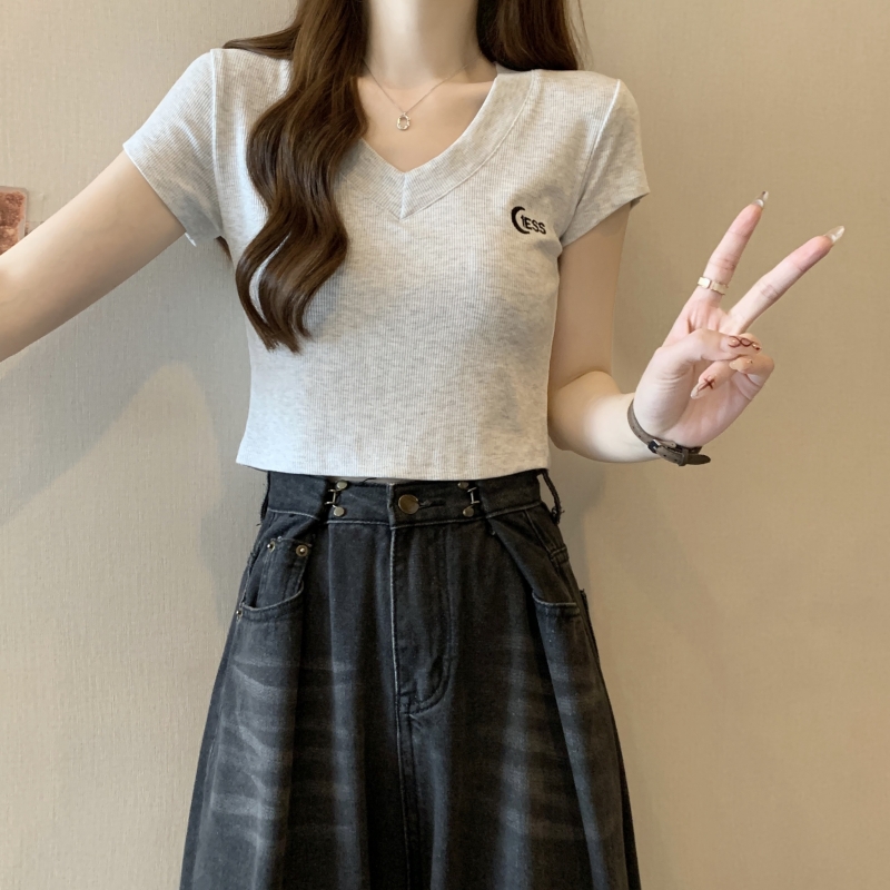 實拍2024夏季40支純棉刺繡字母高腰短款短袖T恤女ins