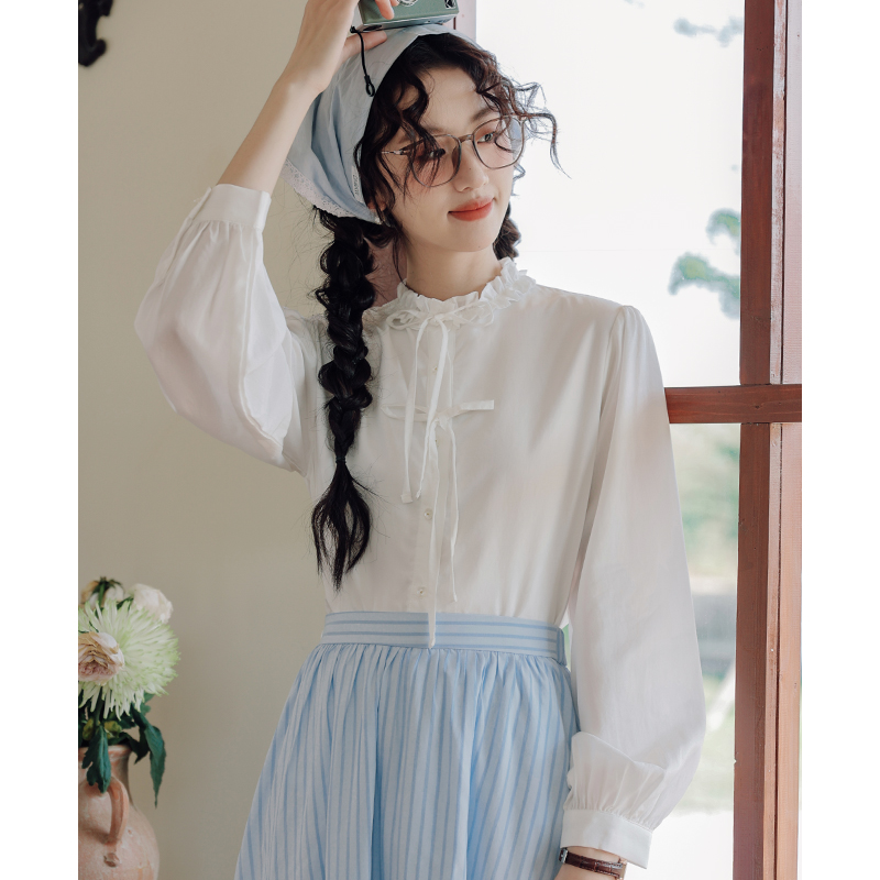 No less than 69 real shot 2024 college style sweet lace collar white shirt versatile long-sleeved top