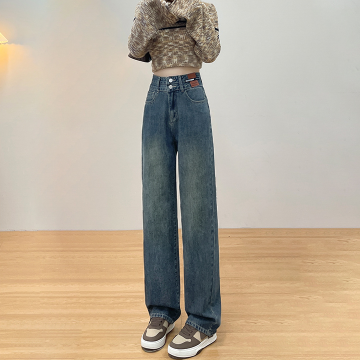 復古闊腿牛仔褲女2024夏季新款高腰垂感寬鬆顯瘦拖地直筒牛仔褲潮