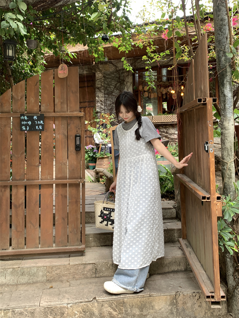 Actual shot Korean style age-reducing back tie round neck pullover sleeveless loose thin transparent flower blouse dress