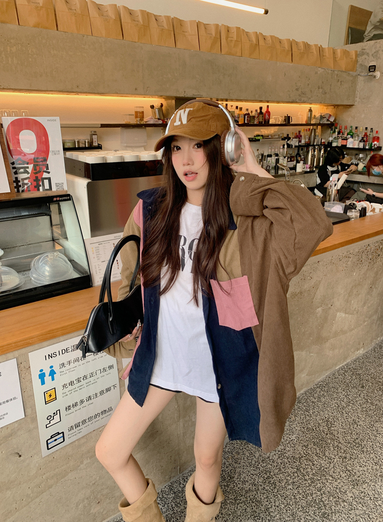 實拍韓版撞色復古拼接燈芯絨長袖襯衫女百搭休閒上衣外套潮