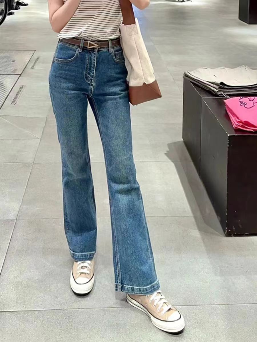 復古藍高腰小微喇牛仔褲女20新款梨形身材顯瘦百搭直筒褲潮