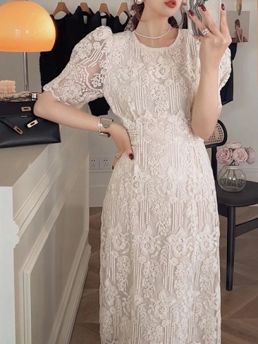 High-end heavy-duty embroidery white lace dress for women spring new style waist slimming French elegant long skirt