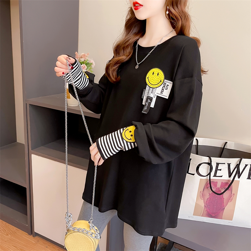 Real shot 2024 spring Korean style loose double-sided German velvet round neck warm splicing long-sleeved bottoming shirt T-shirt for women