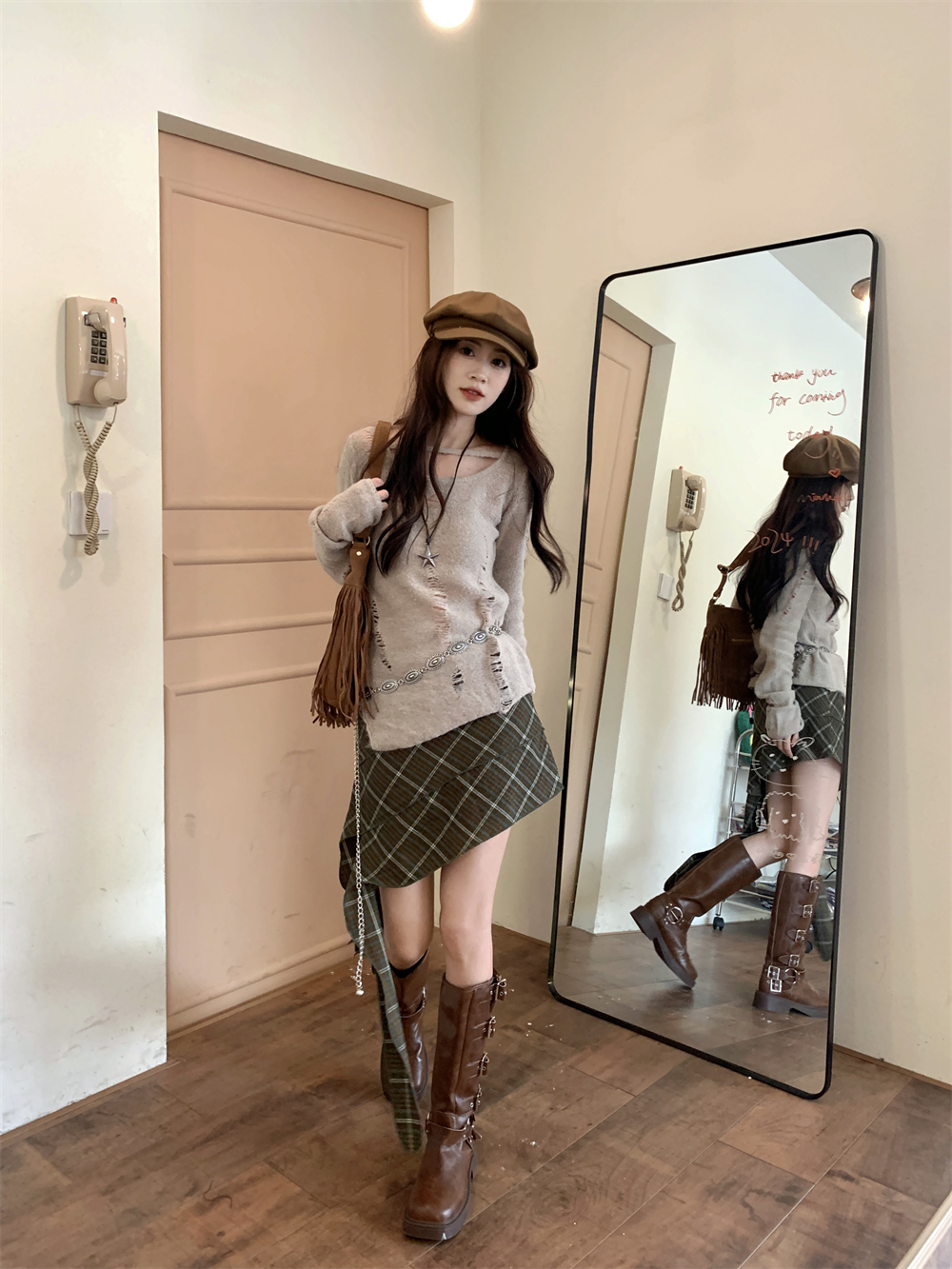 Real shot of lazy style ripped long-sleeved pullover retro sweater + irregular design plaid skirt