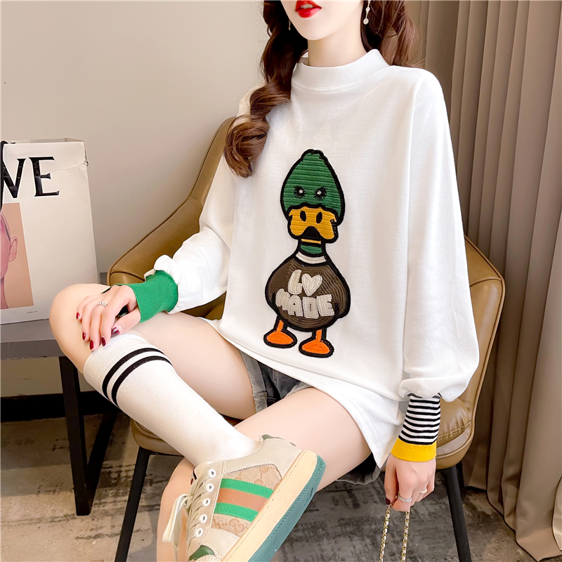 Real shot 2024 spring Korean style loose double-sided German velvet round neck warm splicing long-sleeved bottoming shirt T-shirt for women