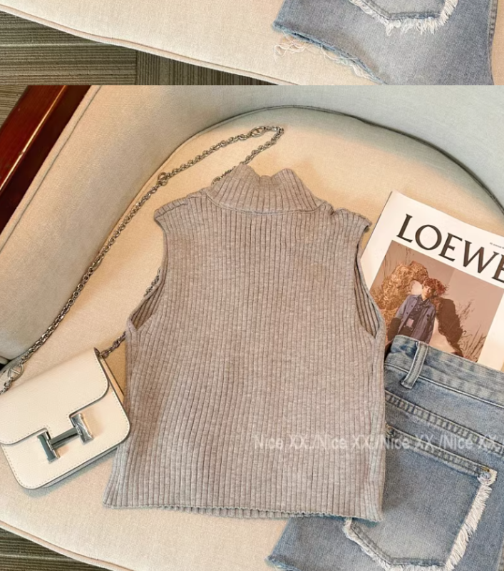 Xiaohongshu recommends ~ American retro knitted camisole women's summer gray printed zipper high-neck short top