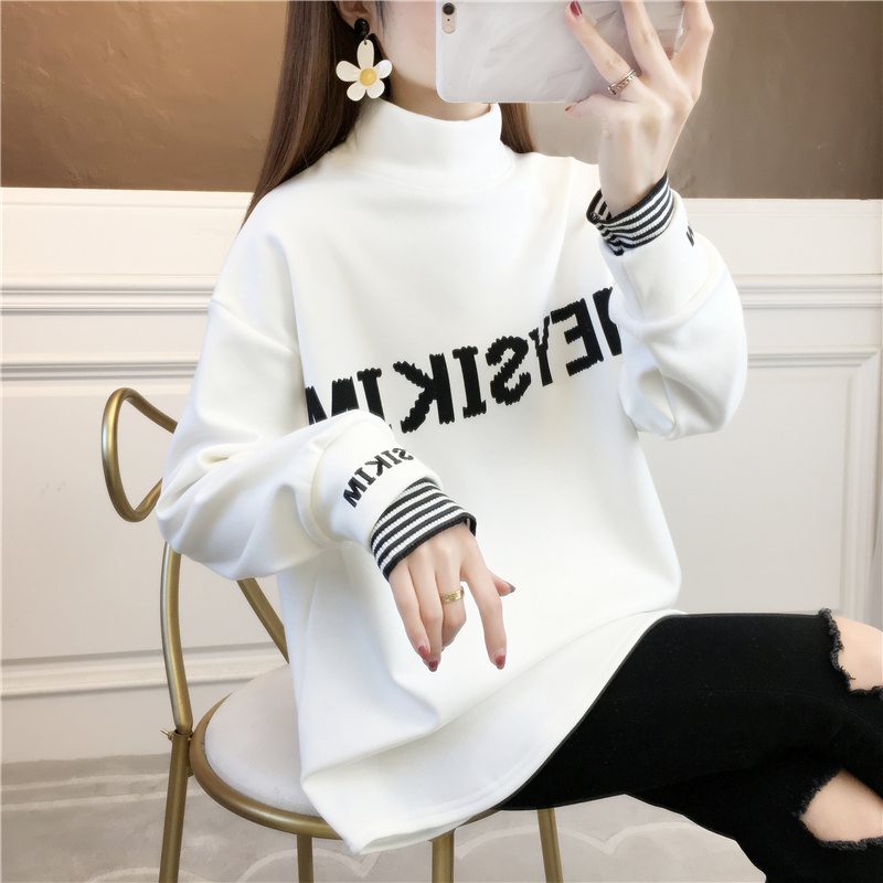 Actual shot of 2024 spring Korean style loose double-sided German velvet plus velvet turtleneck warm long-sleeved bottoming shirt T-shirt for women