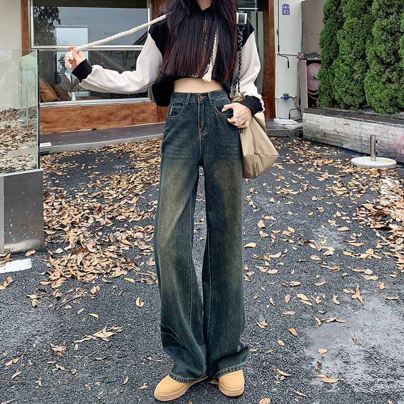 美拉德復古闊腿牛仔褲女2024春季新款美式高腰顯瘦直筒拖地長褲子