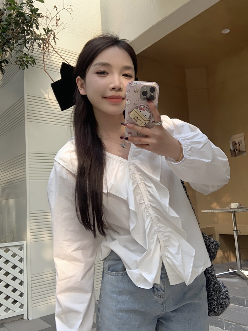實拍~~韓系減齡荷葉邊V領長袖襯衫女法式小眾通勤上衣