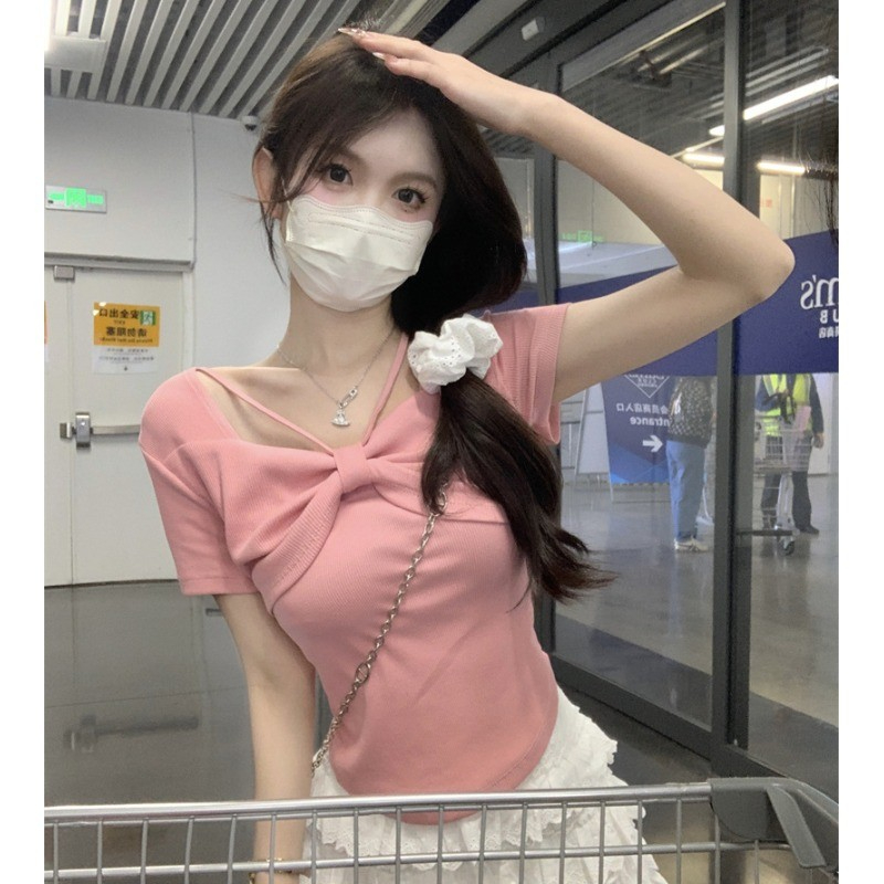 純欲風辣妹短袖方領T恤女夏季2024新款甜妹白色短款上衣粉色小衫