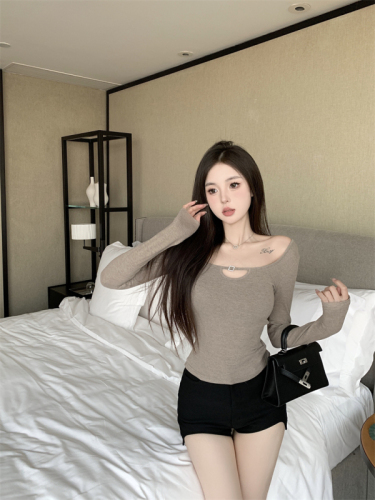 Actual shot ~ Be careful with the hollow long-sleeved U-neck T-shirt for women in spring, chic slim-fitting short inner top