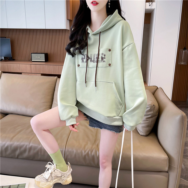 實拍2024春裝韓版寬鬆小個子上衣女拼接印花連帽衛衣女