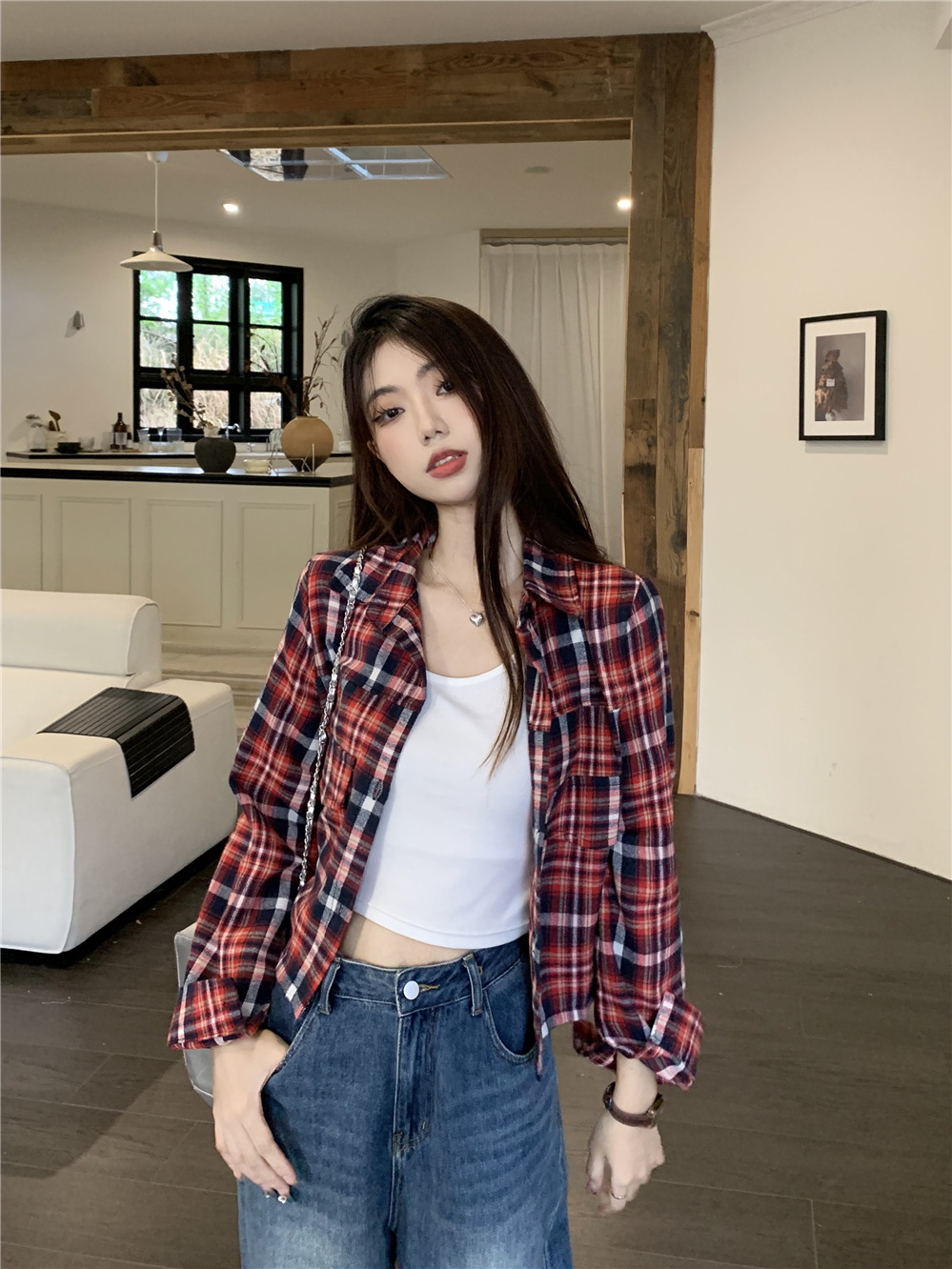 Real shot retro polo collar mid-length plaid shirt summer sun protection shirt loose lantern long-sleeved shirt for women