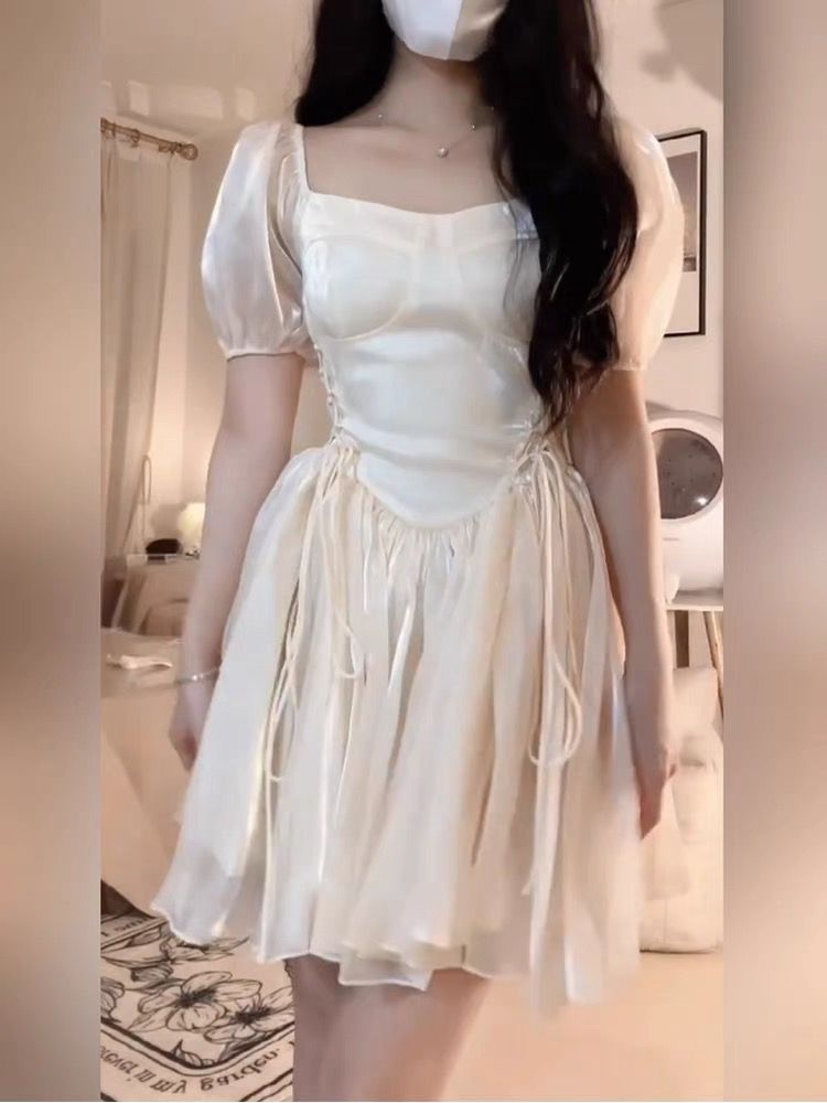 微胖法式溫柔風絕美連衣裙女春夏大碼純欲設計感收腰公主蓬蓬裙子