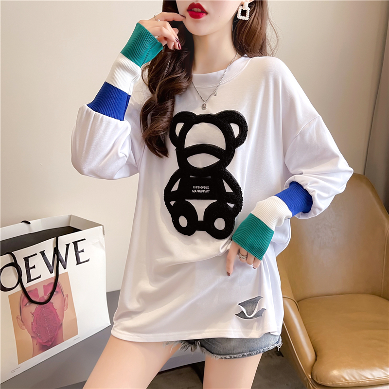 Real shot 2024 spring Korean style loose double-sided German velvet round neck warm splicing long-sleeved bottoming shirt T-shirt for women
