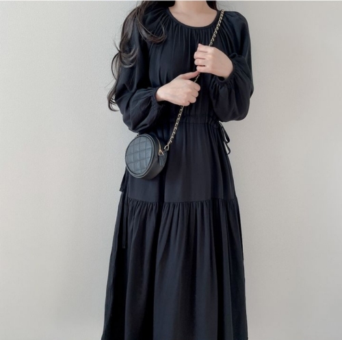 Size has been updated chic spring French gentle casual round neck pleated drawstring waist long dress