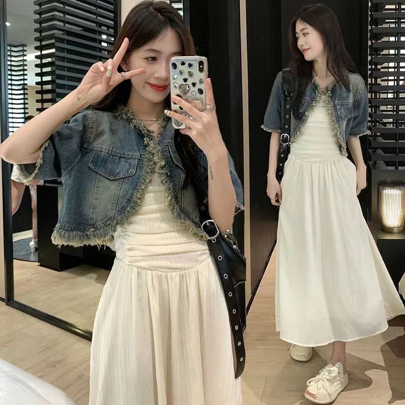 復古港風chic流蘇毛邊短袖牛仔外套女2024春夏新款寬鬆短款夾克