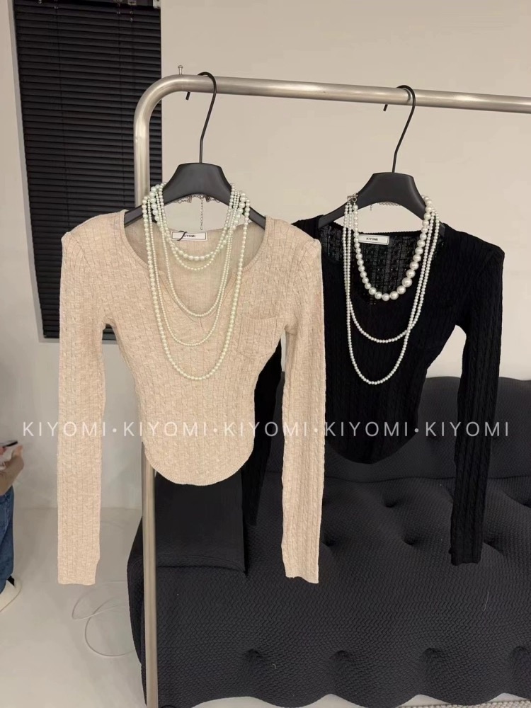 KIYOMI2024春季新款韓版氣質麻花短款上衣女修身V領長袖針織衫潮