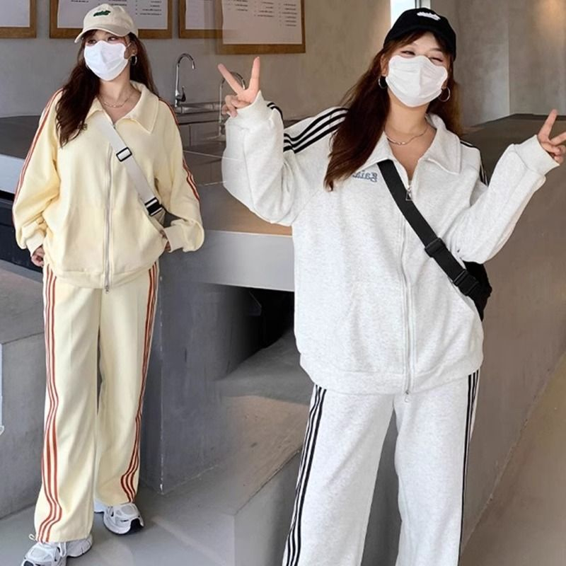 美式時尚休閒運動套裝女春秋季新款胖MM寬鬆衛衣闊腿褲兩件套