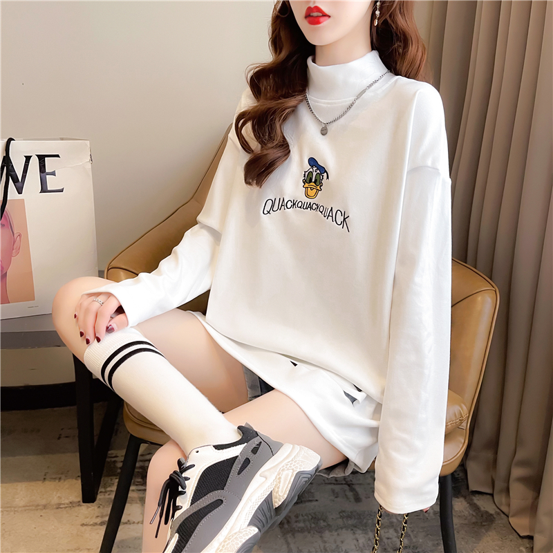 Real shot 2024 spring Korean style loose double-sided German velvet round neck warm splicing large size long-sleeved bottoming shirt T-shirt for women