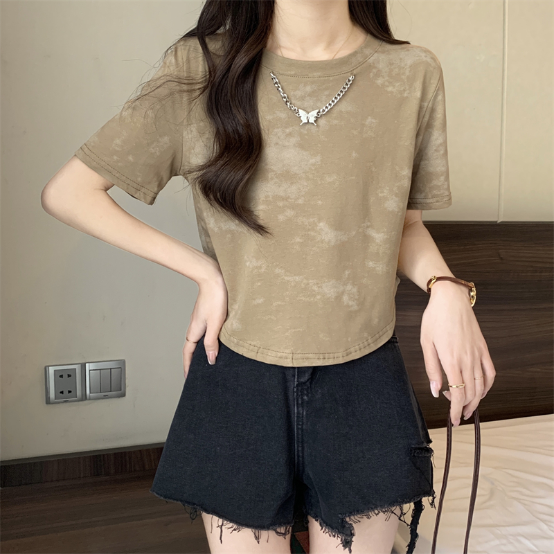 實拍 新款正肩扎染短袖不規則寬鬆短款上衣女