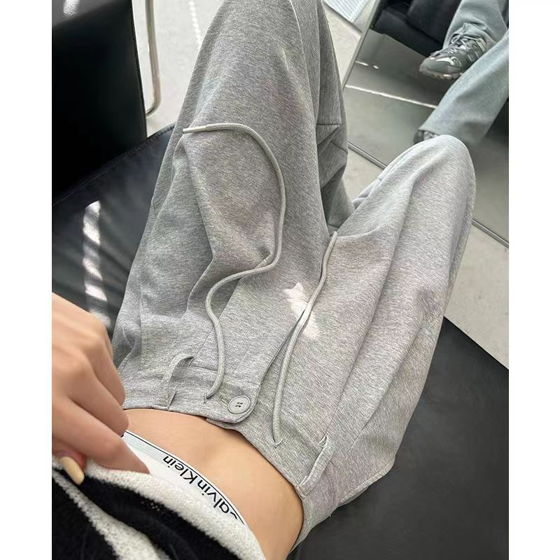 2024 Spring and Summer New Gray Sports Pants New Women's High Waist Wide Leg Straight Casual Loose Drawstring Sweatpants for Women
