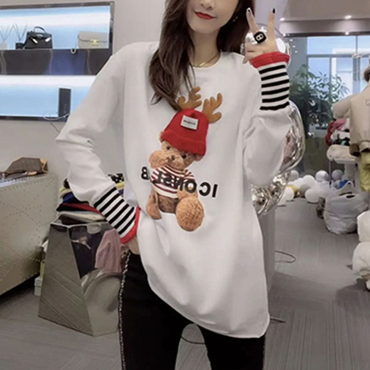 2024 Spring Korean Style New Loose Double-sided German Velvet Round Neck Warm Splicing Long Sleeve Bottoming T-shirt for Women