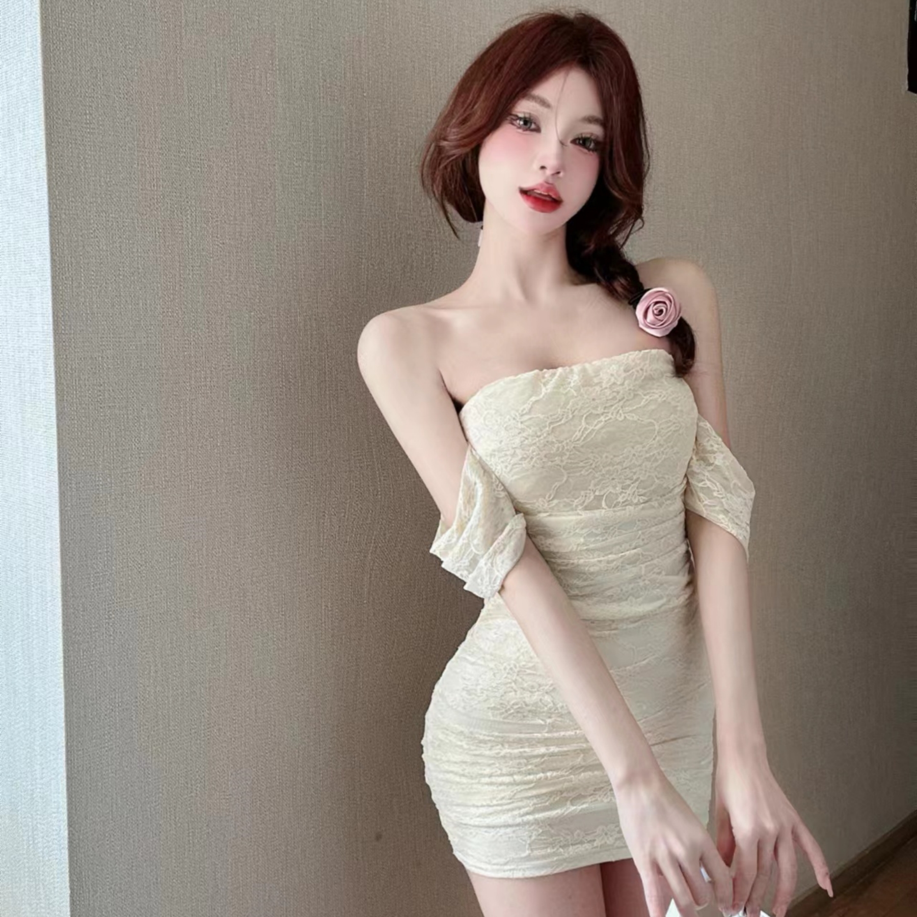 Real shot of pure lust, dreamy lace dress, feminine slimming vest and hip skirt