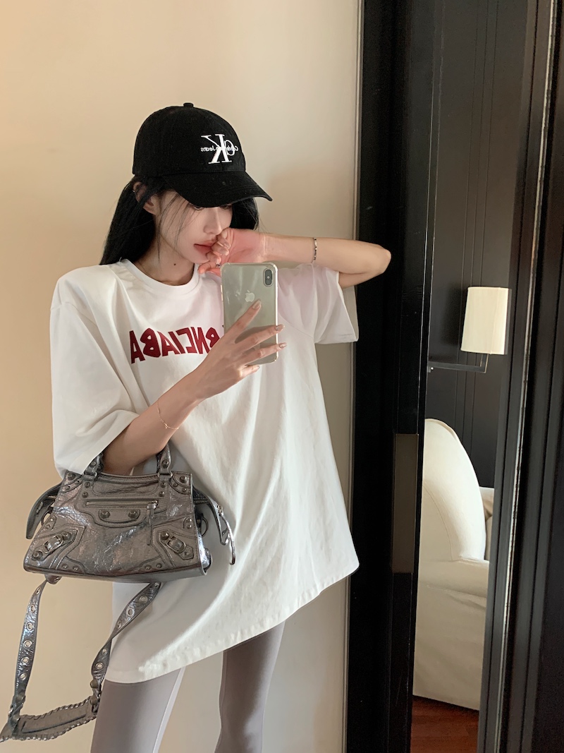 Real shot Korean style loose casual T-shirt, lazy, simple and comfortable letter printed bottoming top