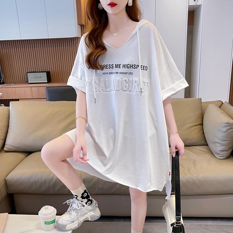 實拍2024夏季100%純棉 韓版中長款連帽鋼印短袖T恤女
