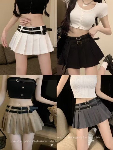 Real shot of 4 colors solid color high waist slim pleated skirt double waist anti-exposure safety pants short skirt