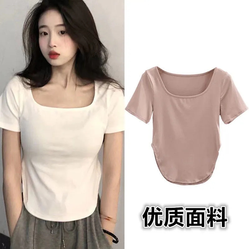 大碼女裝40支92棉8氨綸質量方領短袖T恤女 M-4XL