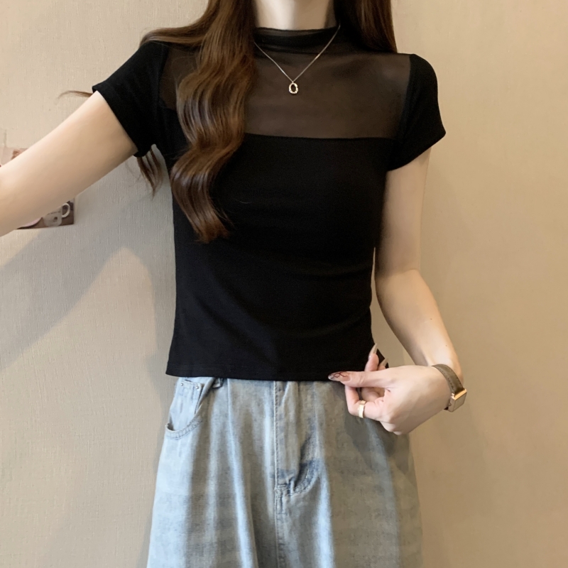實拍2024夏季40支純棉辣妹風修身網紗拼接短袖T恤女