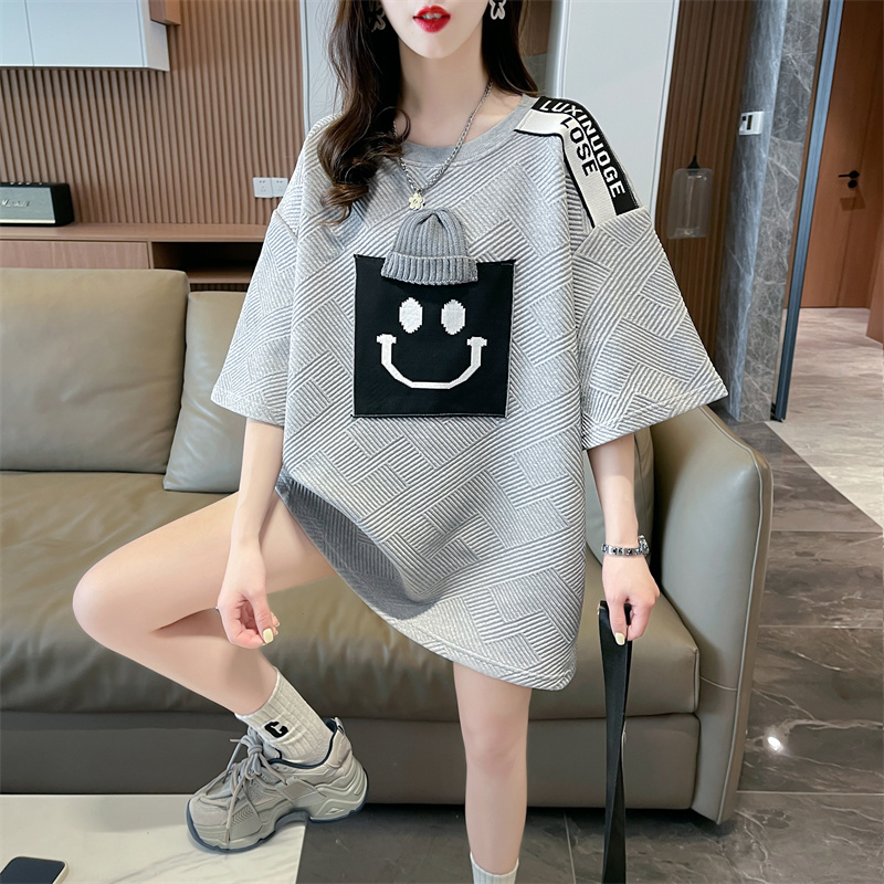 實拍2024夏季後包領提花寬鬆羊毛貼布拼接短袖t恤女