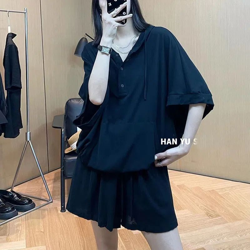 Fashionable casual suit for fat women, summer loose slimming shorts two-piece set
