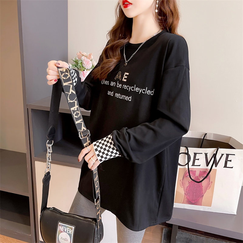 Real shot 2024 spring Korean style loose double-sided German velvet round neck warm splicing long-sleeved bottoming shirt T-shirt for women