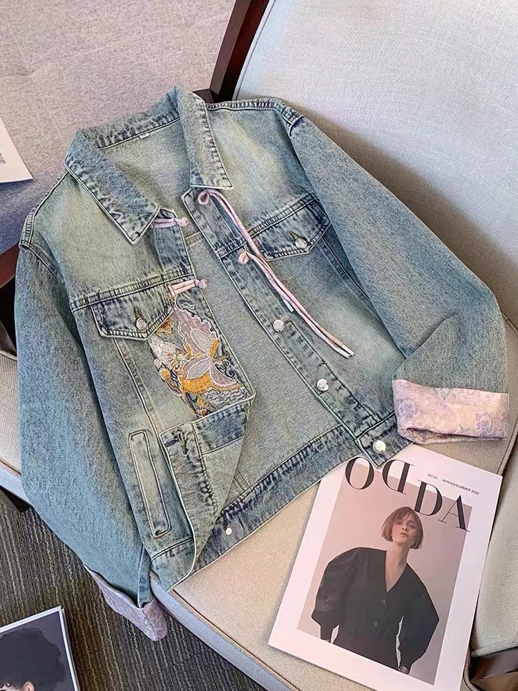 新中式國風盤扣牛仔外套女春秋季2024新款刺繡唐裝小個子短款夾克