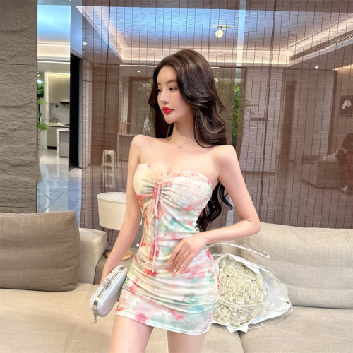 Real shot of sexy mesh printed bottoming hip-hugging short backless dress to send flowers
